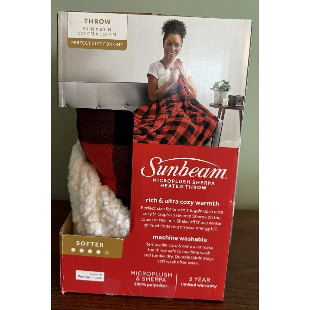 Sunbeam Electric Microplush SHERPA Heated Throw Blanket, Red Black Plaid 50 x 60